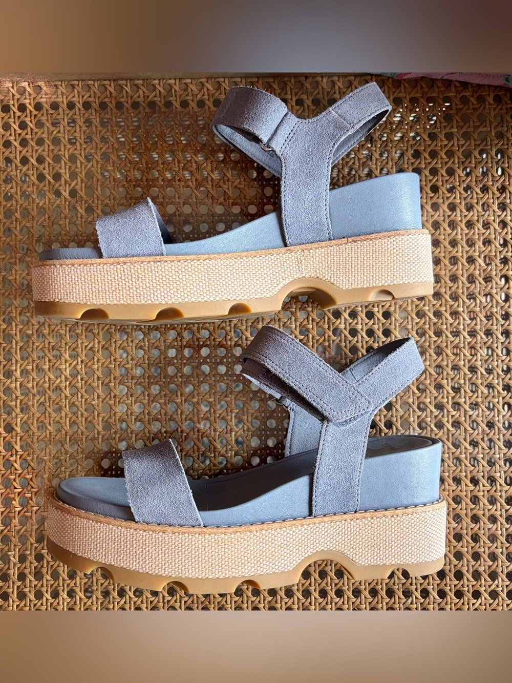 Sorel Light Blue Suede Platform Sandals with Tan Midsole